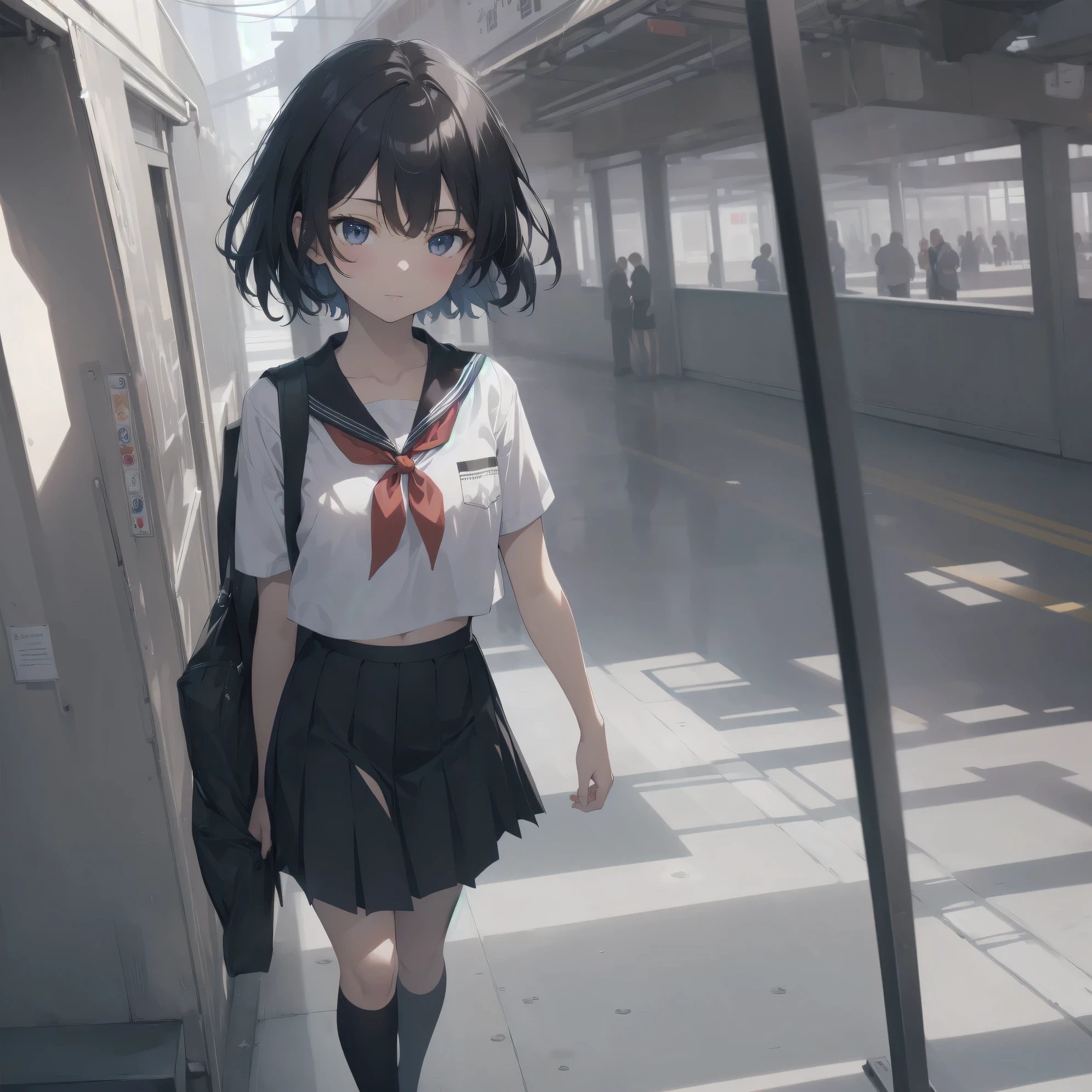ultra-absurdres-Top quality by artist God, ultra-detailed, high resolution, anime moe artstyle, best anime 8k konachan wallpaper, pixiv contest winner, pool:2810, perfect anatomy,break, 1girl, (Please draw a girl walking sleepily to school alone. )break,(Solo,little female, 13-year-old:1.3),Full limbs, complete fingers,a junior high school student, (very short hair), short cut, flat chest, , small butt, small black eyes, beautiful detailed eyes, well-proportioned iris and pupils, expressive eyes, highres detailed hair, soft expression, salor school_uniform, sailor collar, serahuku, bow, pleated skirt,(Detailed Lighting), (Detailed background), in the School commute route. break,super detailed skin, Best cinematic lighting powered by famous artist, 8k,beauty illustration,photoshop_(medium),very aesthetic,break,((artist:wa_(genryusui) )), artist:clamp ,artist:carnelian ,artist:kantoku ,