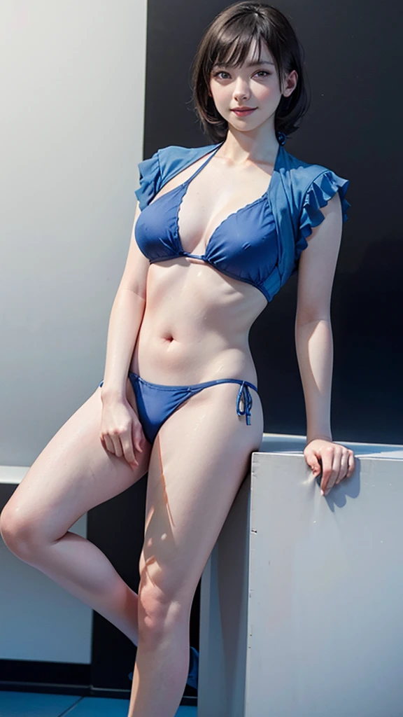 "(Highest quality,8K,High resolution,masterpiece:1.2),Very detailed,(Realistic,photoRealistic,photo-Realistic:1.37),(Realistic:1.37),Standing and striking an attractive pose、One beautiful woman、short hair,Light brown eyes,21 years old,Light brown hair,((Beautiful photos from head to knee:1.5)),((Blue Bikini:1.5)),Moderate:Oil,Portrait of a Woman,smile,Vibrant colors,Soft lighting,Studio settings,Fine brushwork,White skin,Gentle expression,Subtle highlights,Thin hair bundle,A confident gaze,Classic black and white palette,Dramatic contrast,Bold composition,Mystery hint,Refined elegance,Professional Poses,Graceful posture,Perfect detail,Smooth skin texture,Perfect symmetry,The beauty of film: a mysterious smile,Sublime Art