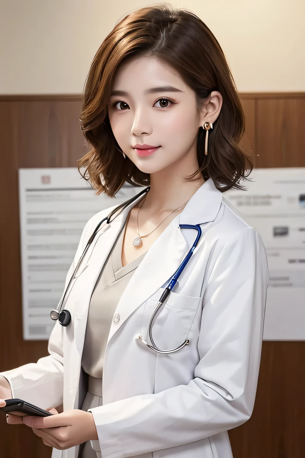 Beautiful young woman、 Korean women、Light brown hair、Necklace around the neck、White、Doctor's clothing、Stethoscope、Wavy Hair、short hair、Intricate details, Very detailed:1.2), 、 Looking into the camera,The background is the inspection room..、ear piercing