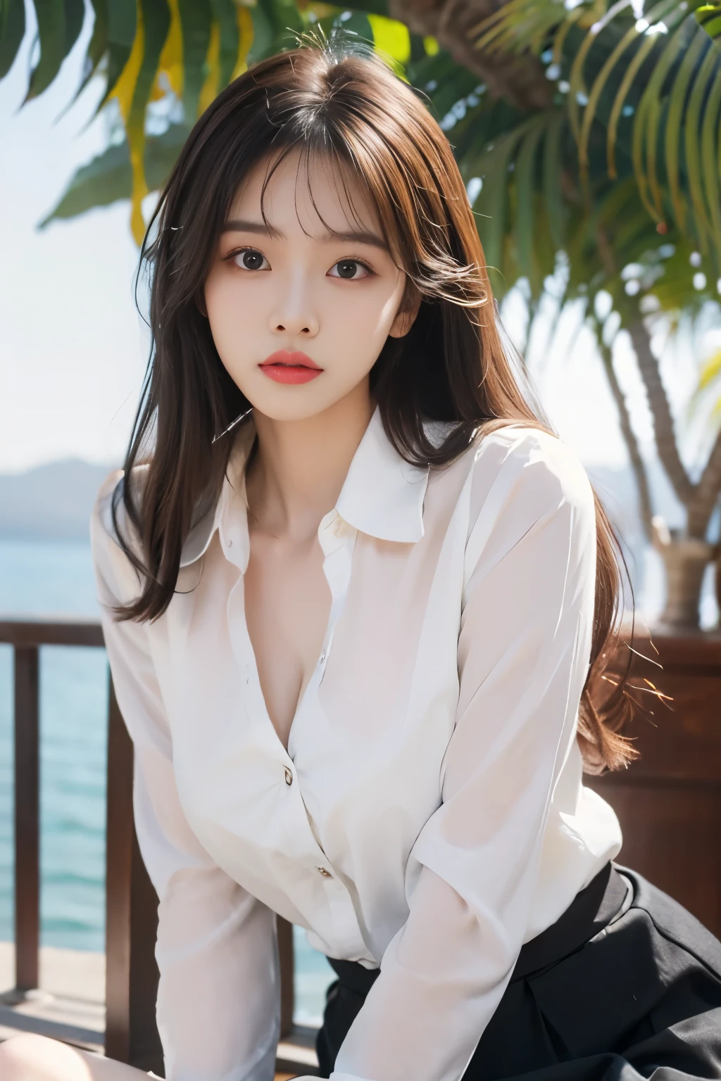 HomuraharaFemale, collared shirt, brown vest, long sleeves, black skirt, ((Large Breasts)), ((D cup)), ((I-type Valley)), Visible cleavage,Highly detailed face and skin texture, Double eyelids,Skin Whitening,Long hair,Whitening long legs,Standing by the sea, Fashion Girl, Red lips, Sweet Girl, Beautiful makeup, detail, lifelike, Very detailed, Astonishing, beautiful, Young and energetic, high quality,HD, Colorful, Beautifully, Smooth skin, Official Art, Extremely detailed, Movie atmosphere, Soft colors, Natural skin texture, Random scene, random shooting Angle