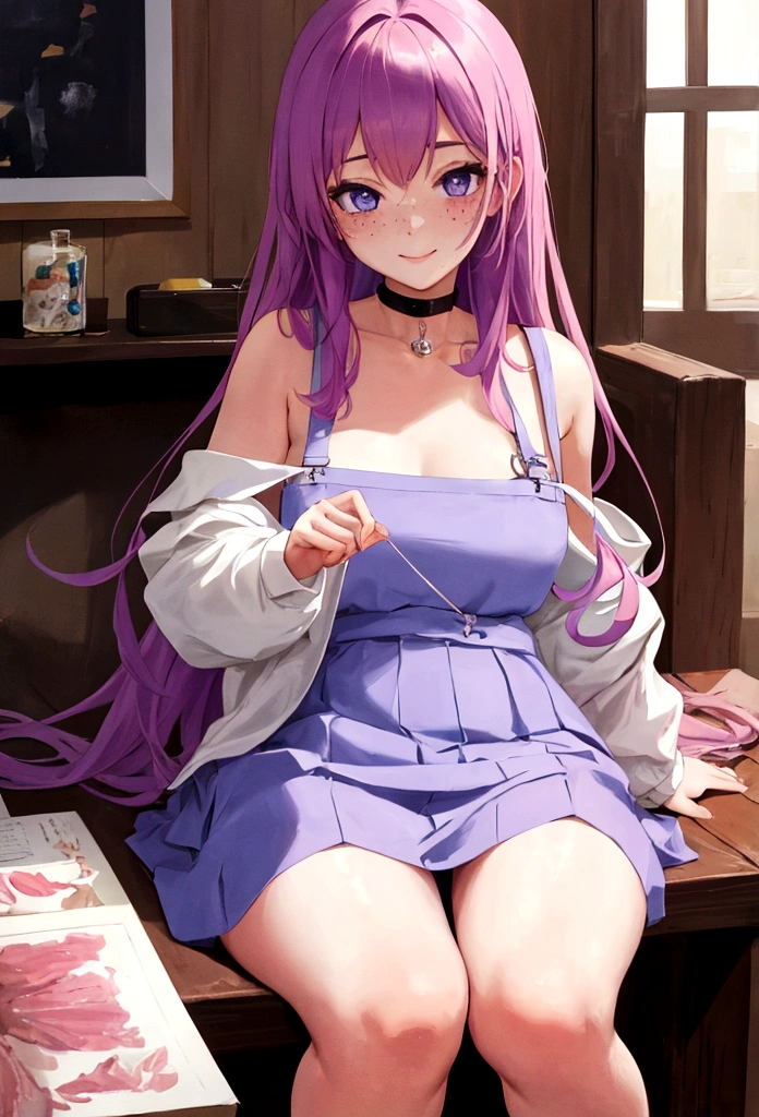 - Best quality, 4k, 8k, high resolution, masterpiece: $1.2
- Ultra-detailed, realistic anime portrait of a girl
- The girl is wearing blue underwear and knee socks
- She has beautifully detailed eyes, lips, and face
- Long eyelashes, soft pink cheeks, and cute purple hair
- She has an adorable smile and a playful expression, with a slightly tilted head
- The portrait includes freckles and delicate features
- It features natural lighting and a soft color palette
- The background is blurred with a subtle bokeh effect
- The overall effect is a studio painting
- The girl is not wearing any shoes