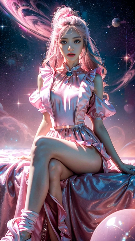4K Ultra HD, masterpiece, A girl with a magical aura, (Nice face:1.2), Very long hair, Fine grain, Glossy Lips, ta Costume, (Pink outfit:1.5), Aura around the body, Magical Effects, Spreading white light, Cosmic elements and ethereal atmosphere, A mix of bright lights and colorful nebulae, Space Background, Perfect body, Sitting,
