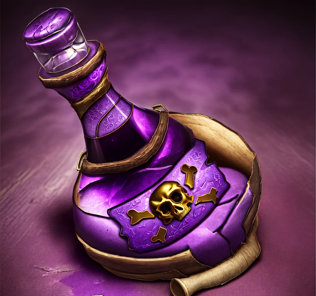 A poison bottle with purple liquid,4K,The outside of the bottle is inlaid with a gorgeous gold frame,The bottleneck is the gold inlay,Wooden stopper,The bottle has a worn skull label on it.,HD quality,High-quality posters,Game Icon,4K,