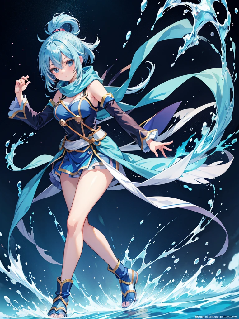 anime girl with blue hair and a blue cape and a blue scarf, black - haired mage, inspired by Leng Mei, aqua from konosuba, anime moe artstyle, anime girl named lucy, tsuaii, female action anime girl, full body xianxia, rei hiroe, [32k hd]^10, female anime character