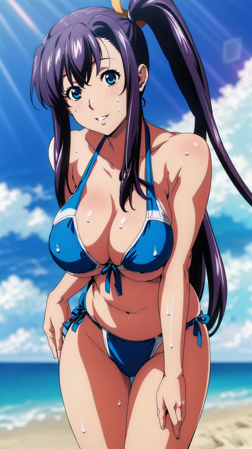 
Blue Eyes, Purple Hair, bangs,Side Ponytail, hair ornaments, Smiling, looking at the viewer, blue theme, blue background, cloudy sky, sunlight, sweat, orgasmic, bikini swimsuit, large breasts, cleavage, belly button exposed, collarbone, thighs, sea and beach,