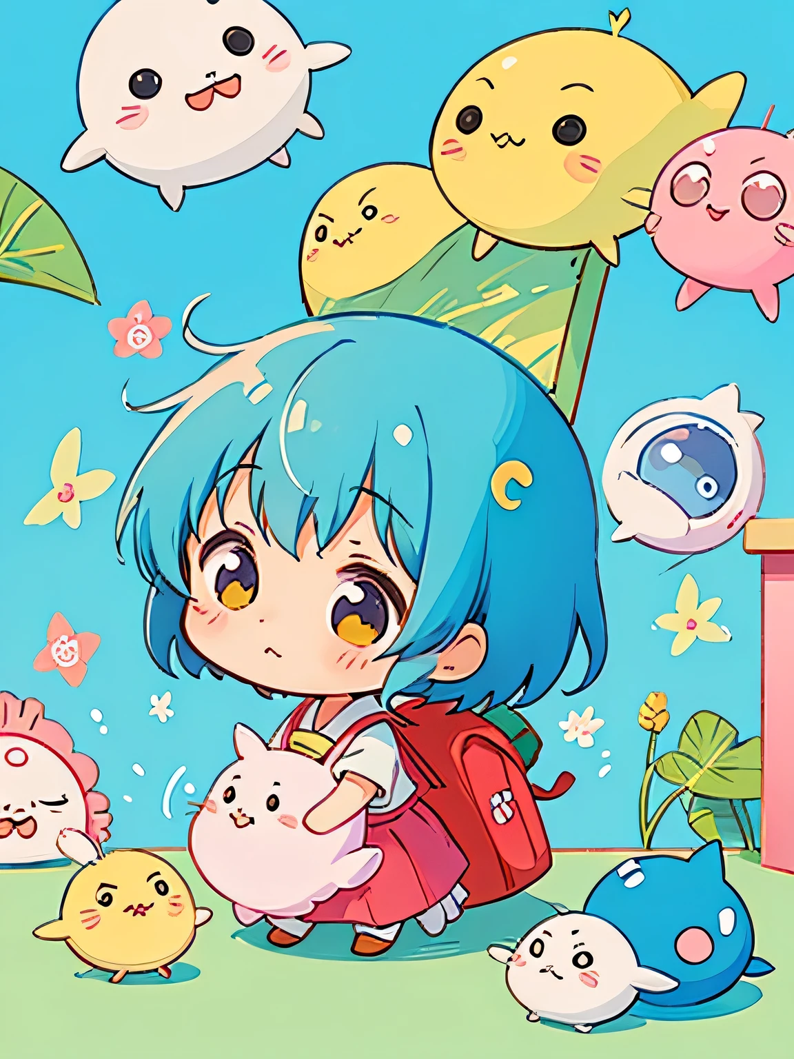 Hayao Miyazaki style、Kawaii Design, The most beautiful girl of all time、chibi, Cute and colorful amoeba, School classroom