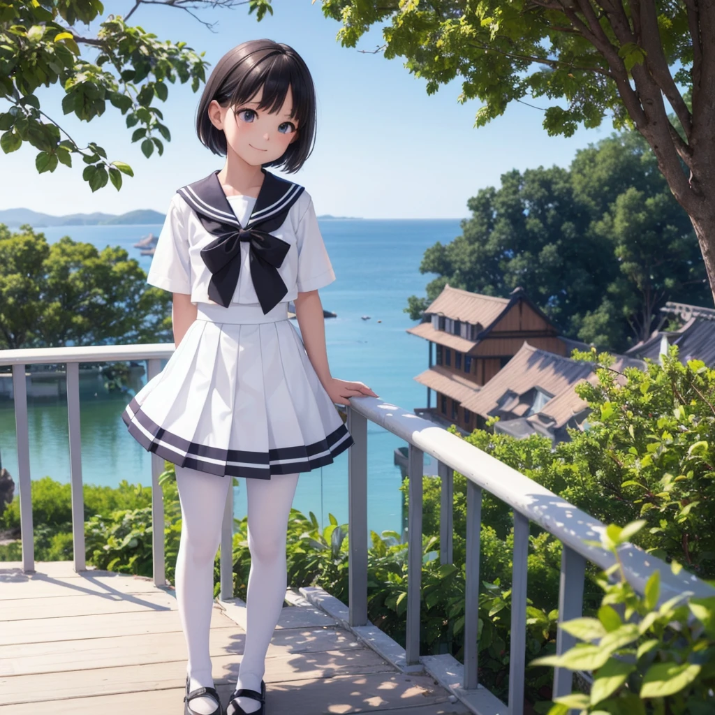 1People Girls, clear, cute, (View your viewers:1.0), detaileds sky, ((masterpiece:1.4, Highest quality)), multiple detaileds, eye shadow, SFW, (Medium Shot:1.5), Gradient eyes,
roller:addition_detailed:0.8>, (Black Pantyhose:1.2), Straight,
1People Girls, Have, Sailor, Branch Eyes, short hair, Black Hair, Sailor collar, White shirt, Semi-transparent knee-length skirt,Long skirt below knee length, Murasa Minamitsu, hishaku、smile