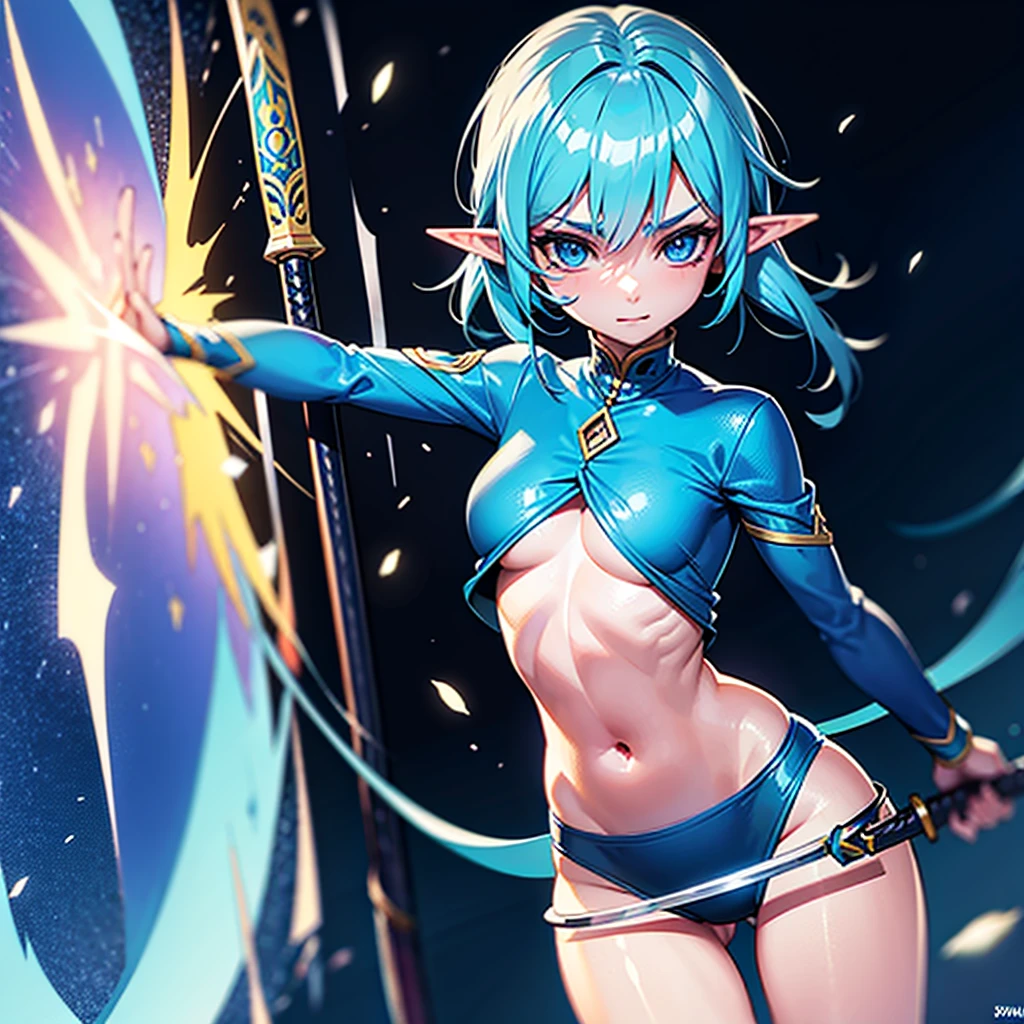 Create a female Astral Elf with blue hair and a katana and she is a mage in a rogue outfit