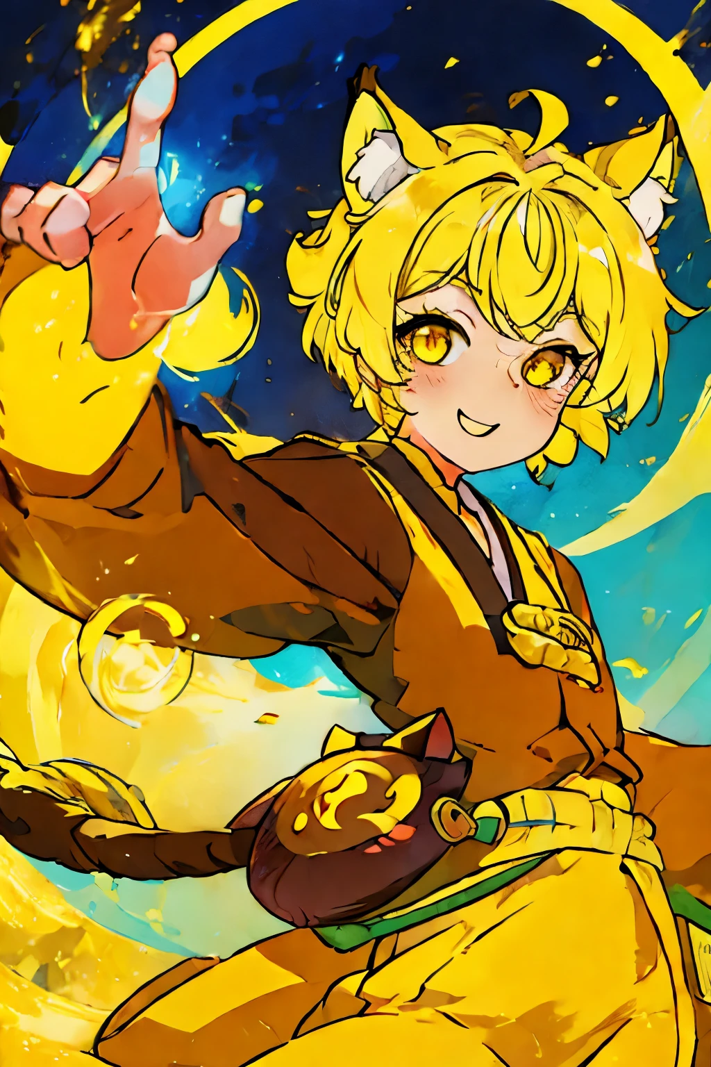 ￼ A half cat with two tails, yellow  eyes, short blonde hair with a yellow tip, Japanese clothes in the most spiritual style with the hand making the symbol of two and her smiling in the most cartoonish style