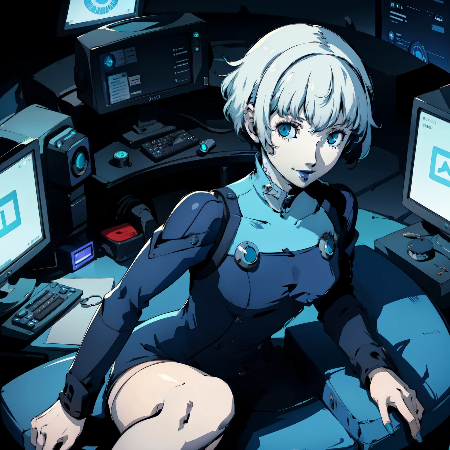 masterpiece, ((best quality)),((1 girl)), blue eyes, black lipstick, aqua hair, female , tomboy Pixie haircut, deep blue suit, white hair, white hair,smiling,hacker,in the,dark room,sitting,looking monitor,sexy
