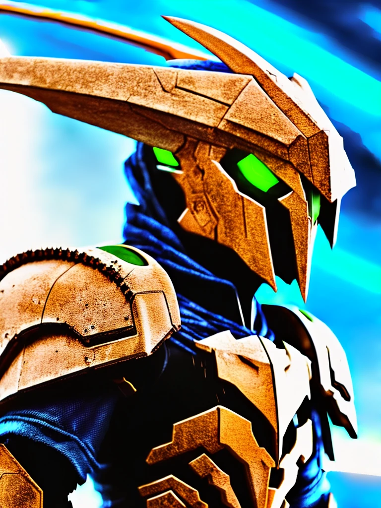 Humanity, alone, WarGreymon, armor, male, Digimon, Helmet, horn, Green Eyes, View your viewers, break, Detailed Background, Realistic, 8k hd, Attention to detail, (Dark Shadows, Wide dynamic range, High resolution, Low Light:1.2),Realistic depiction, mysterious, dynamic poses,