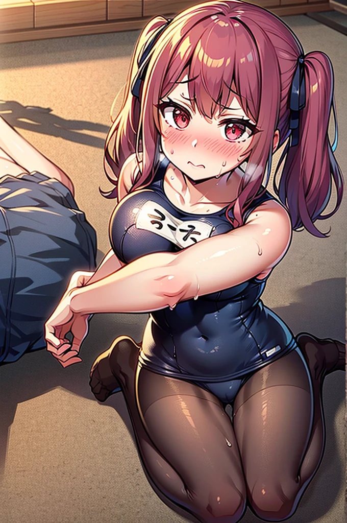 masterpiece, best quality, ultra detailed,,1girl, blush, sweat, hair ribbon, twin tails, school swimsuit, pantyhose,
