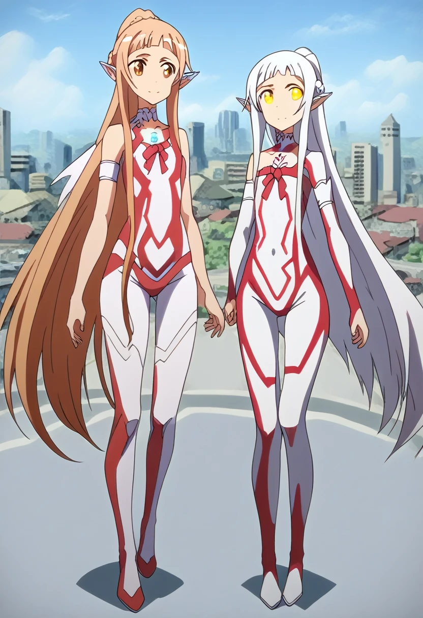 2girls, multiple girls, Two female characters,(mother and daughter:1.3), dual persona, anime style, 4k quality, masterpiece, best quality, sword art online, "asuna is mother , long hair, white hair, very long hair, high ponytail, pointy ears, elf, ear covers, medium breasts ","yui is daughter , long hair, blunt bangs, white hair, very long hair, high ponytail, pointy ears, elf, flat chest", collarbone, ultrawoman, ultragirl, bodysuit, robot, colored skin, glowing eyes, yellow eyes, giantess, giant, metallic face, metallic skin, shiny skin, chrome skin, gem on chest, colour timer on chest, chest jewel, blue jewel, muscular, thick_thighs, looking at viewer, full body, smile, closed mouth, standing, giantess, outdoor, city, citycape, skyscraper