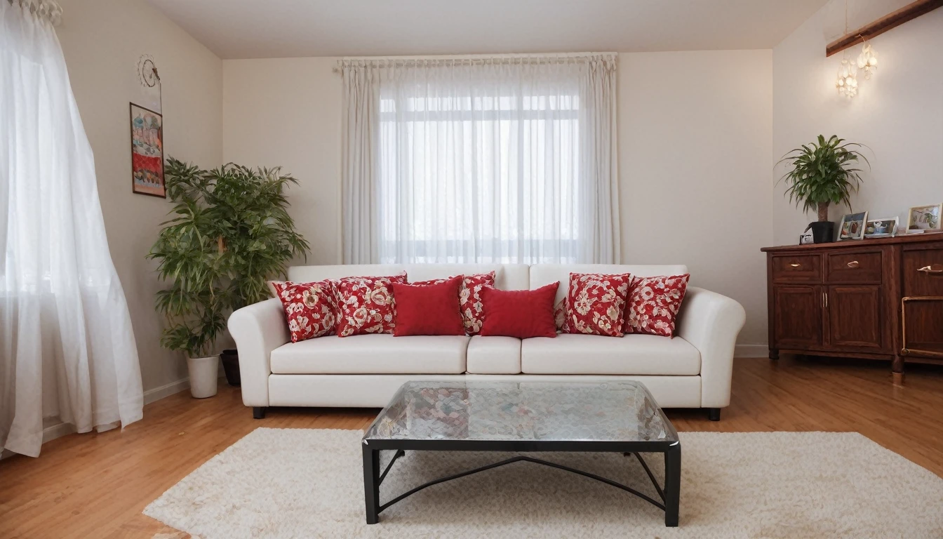 Describe a stunning modern living room scene at night in Manhattan, depicting a young couple sitting on a white sofa amidst a minimalist decor. The concrete wall serves as a backdrop, while the floor is covered with a sleek white surface. A stereo set sits quietly in the corner, accompanied by a table holding a refreshing beer. The room is adorned with a pop of color from a red cushion, white curtains, and a pendant light. A stylish poster and the lush foliage of a potted plant add to the chic ambiance. The level of detail should be extremely high, as if I'm stepping into the scene, with a resolution of approximately 16,000 pixels. The description should be so vivid and beautiful that I can almost smell the atmosphere of the room.