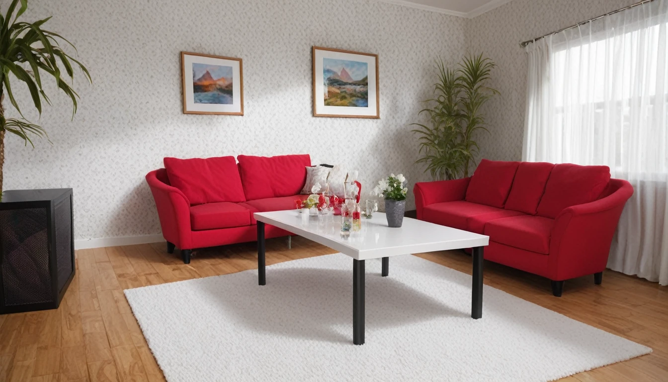 Describe a stunning modern living room scene at night in Manhattan, depicting a young couple sitting on a white sofa amidst a minimalist decor. The concrete wall serves as a backdrop, while the floor is covered with a sleek white surface. A stereo set sits quietly in the corner, accompanied by a table holding a refreshing beer. The room is adorned with a pop of color from a red cushion, white curtains, and a pendant light. A stylish poster and the lush foliage of a potted plant add to the chic ambiance. The level of detail should be extremely high, as if I'm stepping into the scene, with a resolution of approximately 16,000 pixels. The description should be so vivid and beautiful that I can almost smell the atmosphere of the room.