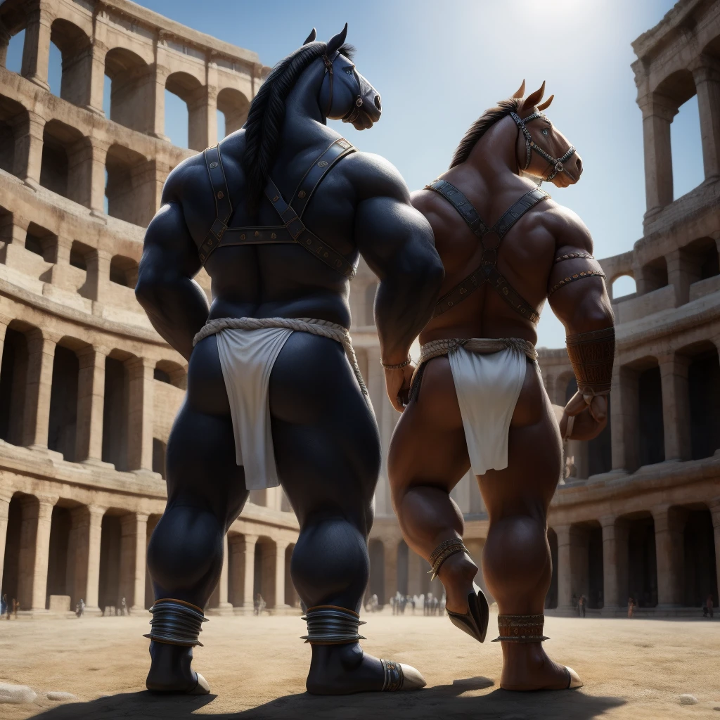Furry, Kemono, Antropomorphic, Horse, (Color White), Furry Antropometric legs, Hooves, Antro body, Bigg Ass, Male Bulge, Bigg Balls, Full body, Braided Mane, Roman gladiator armor, Gladiator, Black leather harness, Spiked Anklet, White fitted fundoshi, Roman coliseum arena, Blue Pupil Eyes, High Resolution, 4K Detailed, Good Lighting, Beautiful, Photorealistic, Realistic, White Fundoshi, tight loincloth, Back, tale, tale horse