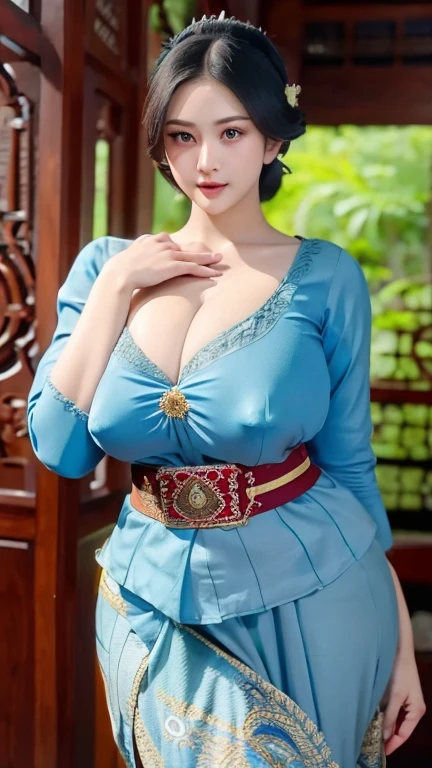 Photography, 1 girl, Shoulder length blue "Javanese" Kebaya, Traditional Cloth Belt "Indonesian" Clothing, High Detail, Very Realistic, Soft Focus Traditional Javanese "Indonesian" Home Background, 8K, Unblemished, Photoreal, Large Breasts, nipples sticking out, big buttocks, plump, slim waist,