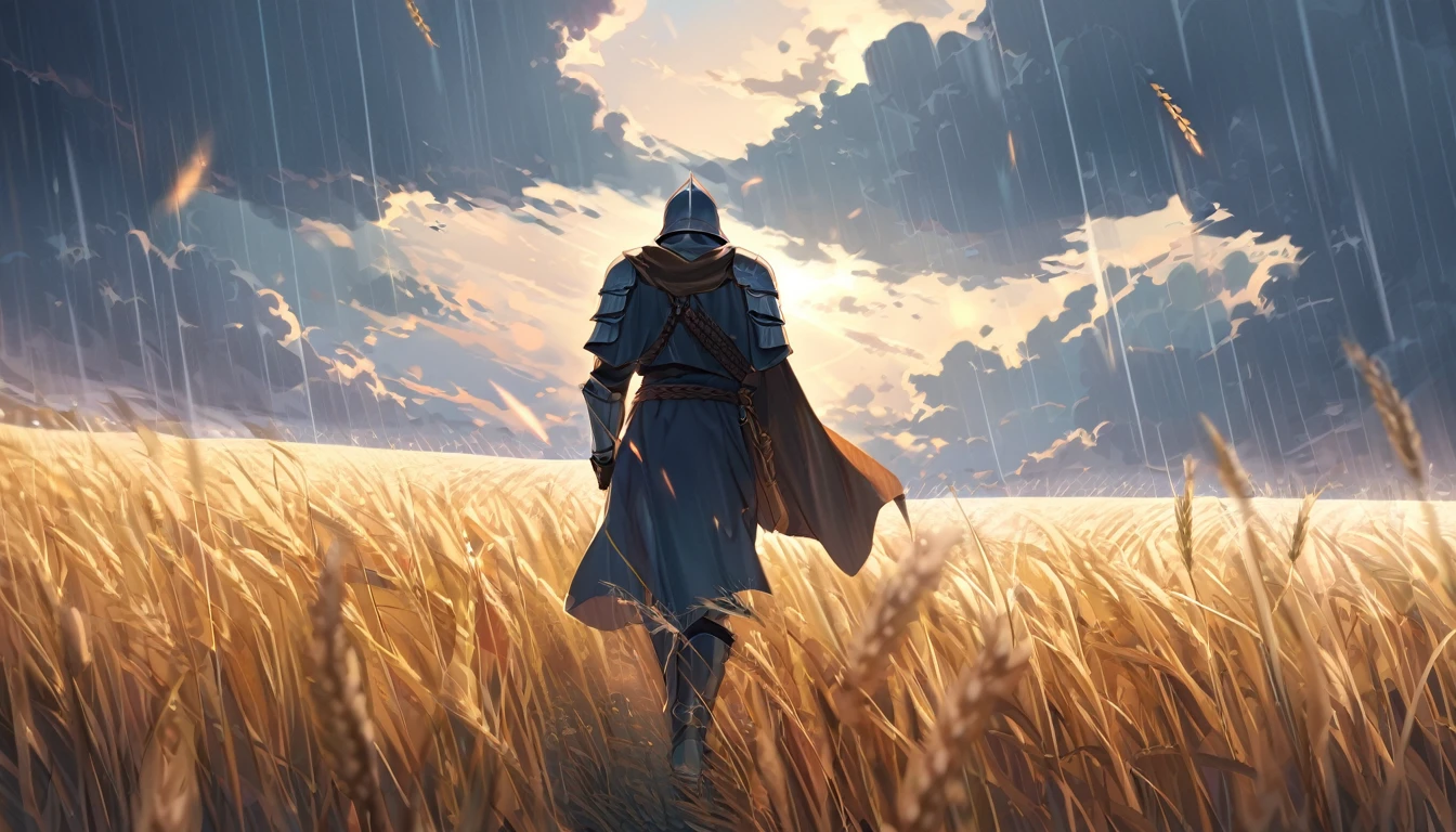 Ancient male knight walking home through a wheat field on a rainy day