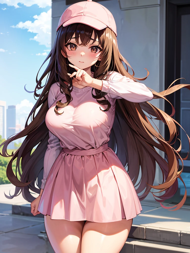 Anime girl, shy, thick, curvy, long curly brown hair with bangs, brown eyes, pastel pink outfit aesthetic