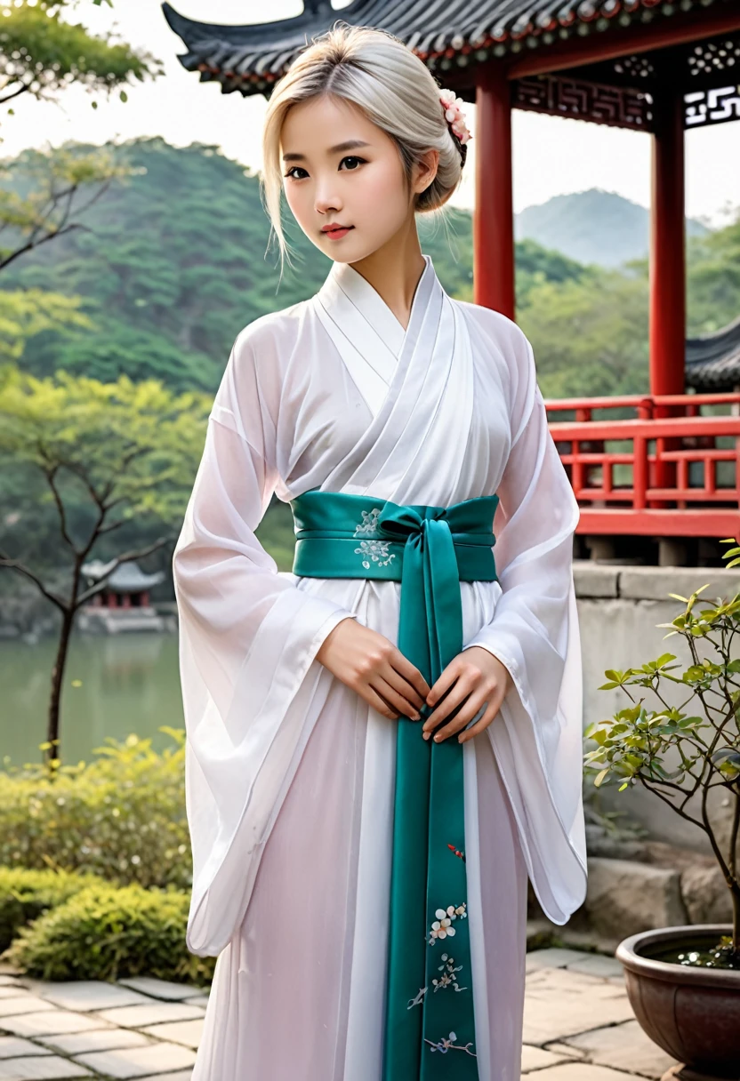 A realistic image of a very young little girl wearing opened traditional Chinese hanfu with her breasts out, with white short hair, petite figure, standing in a serene outdoor setting, realistic style, highly detailed,small breasts,slim legs,nipples,