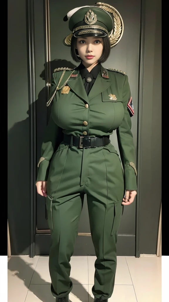 physically-based rendering, 1girl, Female soldier, (huge fake breasts:1.3), sexy muscular body, slim waist, (big buttocks:1.2), (Full body:1.5), front bangs short hair, army suit, Dark green military uniform.