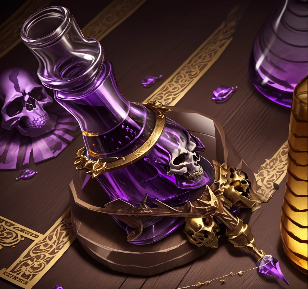 A poison bottle with purple liquid，4K，The outside of the bottle is inlaid with a gorgeous gold frame，The bottleneck is the gold inlay，Wooden stopper，The bottle has a worn skull label on it.，HD quality，High-quality posters，Game Icon，4K，