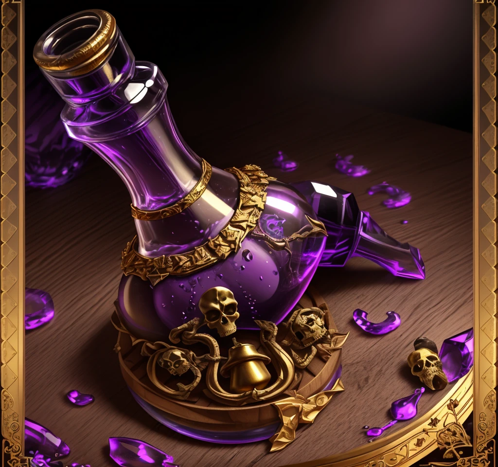 A poison bottle with purple liquid，4K，The outside of the bottle is inlaid with a gorgeous gold frame，The bottleneck is the gold inlay，Wooden stopper，The bottle has a worn skull label on it.，HD quality，High-quality posters，Game Icon，4K，