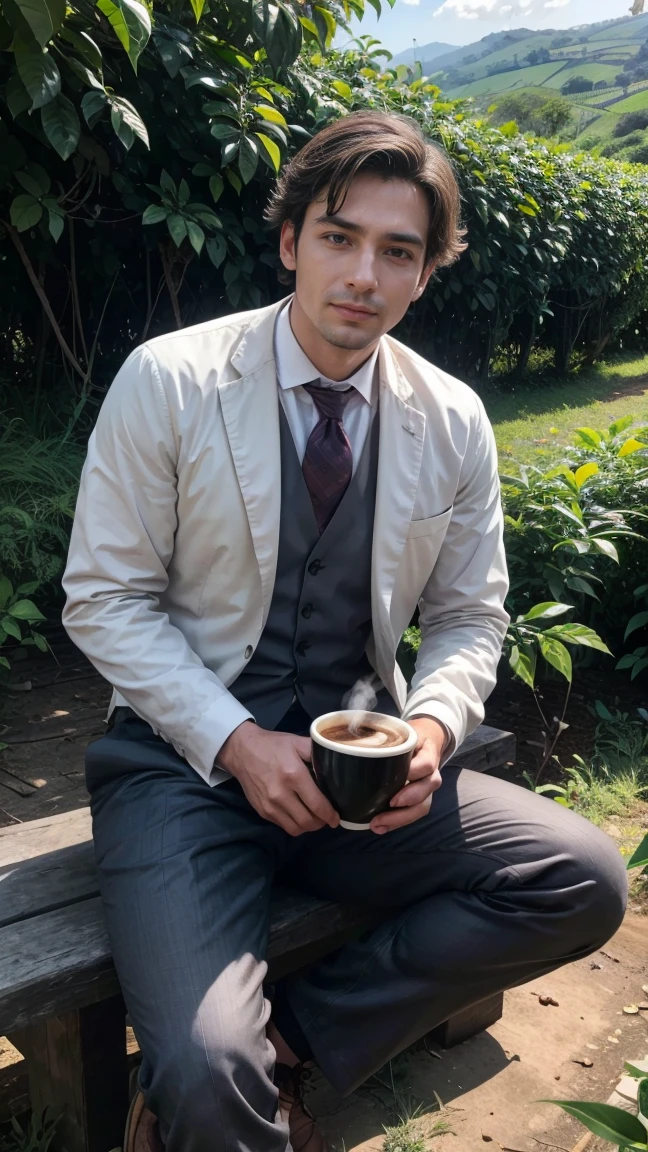 create a photograph of coffee baron businessman sitting on 19th century arabica coffee farm