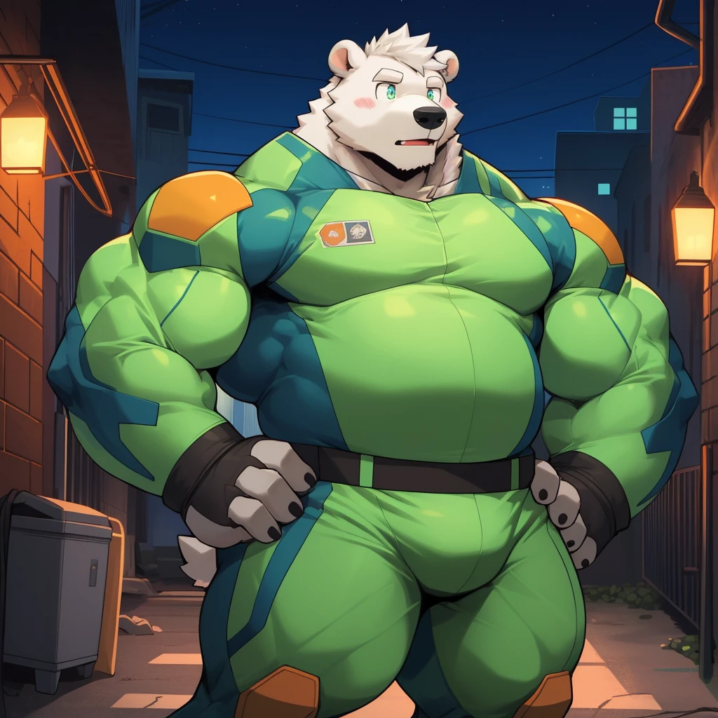 masterpiece, best quality, 8k resolution, Very detailed, hairy，(((Polar Bear)),(((Strong)))，(((White hair)))，portrait，(((White hairall over body)))，(((With orange)))，(((outdoor)))，For the audience，(((Light Green Hero Bodysuit)))，Highest quality scenes，solitary，(((whole body)))，(((Hands on hips)))，(((Alley)))，(((surprise)))，((Fat-wrapped muscles))，(((Father)))，(((Round Face)))，(((Solitary)))，(((Strong body)))，(((Bulging buttocks)))，(((Night)))