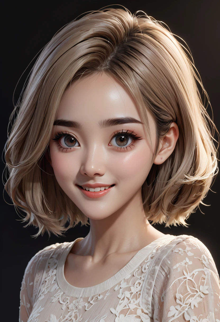 ((Masterpiece, High qualityสุด)), High quality, 8ก, 4K, Highly detailed, high contrast, Masterpiece:1.2,High quality, The best aesthetics), detailed face, character design sheet， full body, full of details, , มีHighly detailed, Very detailed illustrations. Girl with dark eyebrows, square face, smiling, big eyes, short hair, straight face.