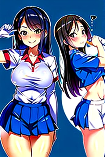 (masterpiece, best quality:1.2), realistic, High contrast, front shot, 1girl, kawaii, (super big breasts, micro waist, very long legs:1.4), Black hair, short bob hair, short height, scrawny and thin body, Light Skin, cute big eyes, cute beautiful thin face, cute smile, serafuku, pigeon-toed, wet and sweaty, visible ribs, V sign, Trembling