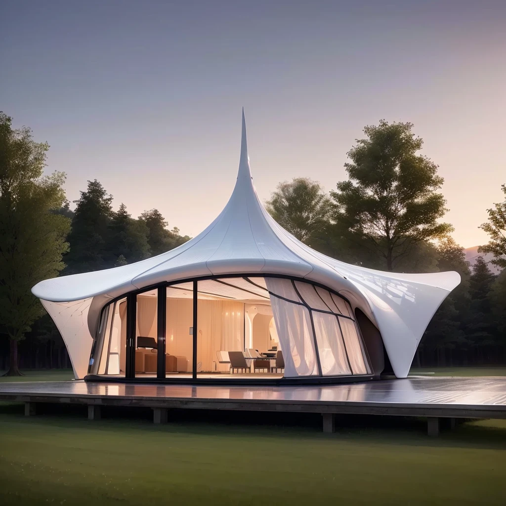 A large white tent sits on a lush green field, tent architecture, Futuristic Church, Stylish Utopian Design, Concept House, Zaha Hadid Octane Highlights Rendering, Futuristic House, Moonlight Rendering, Architectural Visualization, Rendering with V-Ray, in style of zaha hadid architect, Futuristic architecture concept, Stunning rendering, Rendering in VRay, Architectural Rendering, Architectural Renderinging
