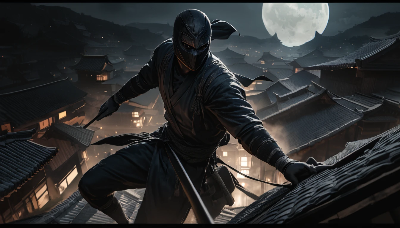 a ninja stealthily darting across rooftops under the moonlight, dynamic shadows, urgent motion, 1 ninja, detailed face and body, moonlit night, hyper-detailed, 8k, photorealistic, chiaroscuro lighting, dramatic atmosphere, dark moody colors, cinematic composition