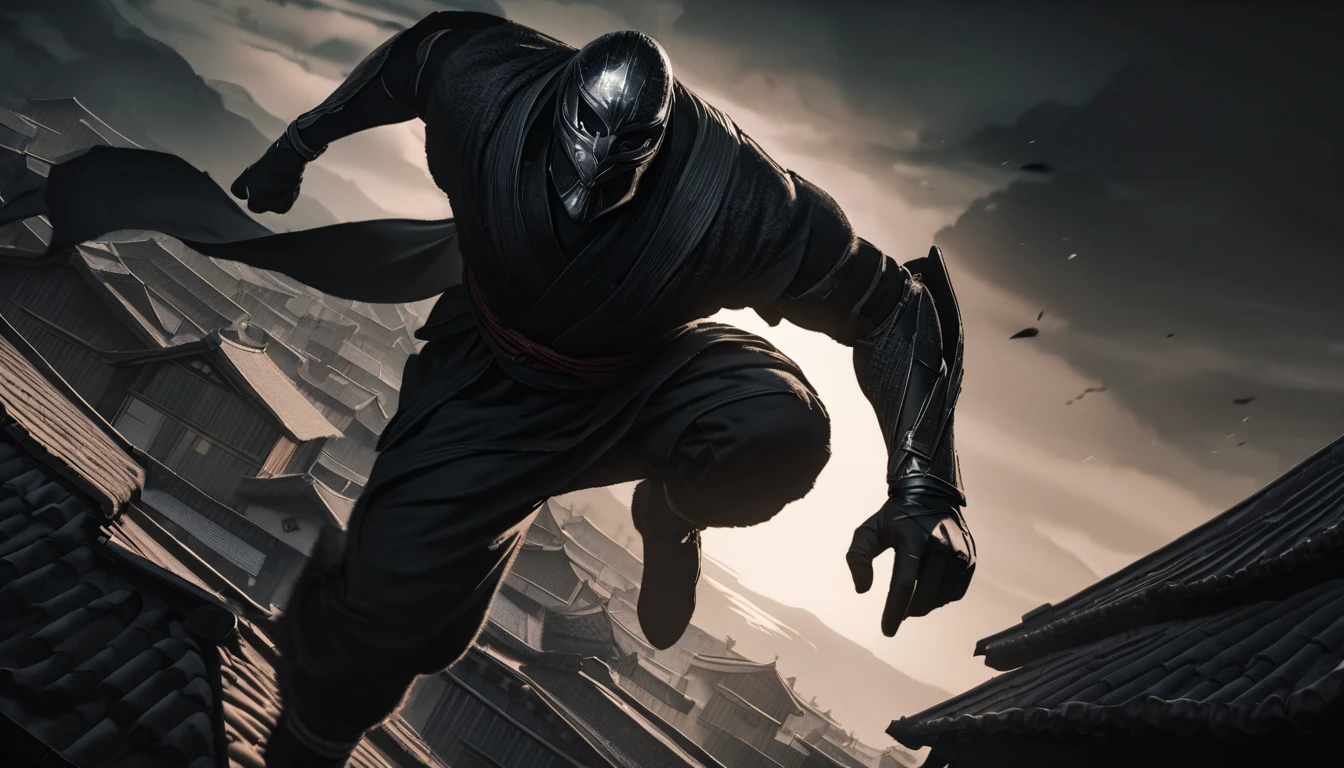 a ninja stealthily darting across rooftops under the moonlight, dynamic shadows, urgent motion, 1 ninja, detailed face and body, moonlit night, hyper-detailed, 8k, photorealistic, chiaroscuro lighting, dramatic atmosphere, dark moody colors, cinematic composition