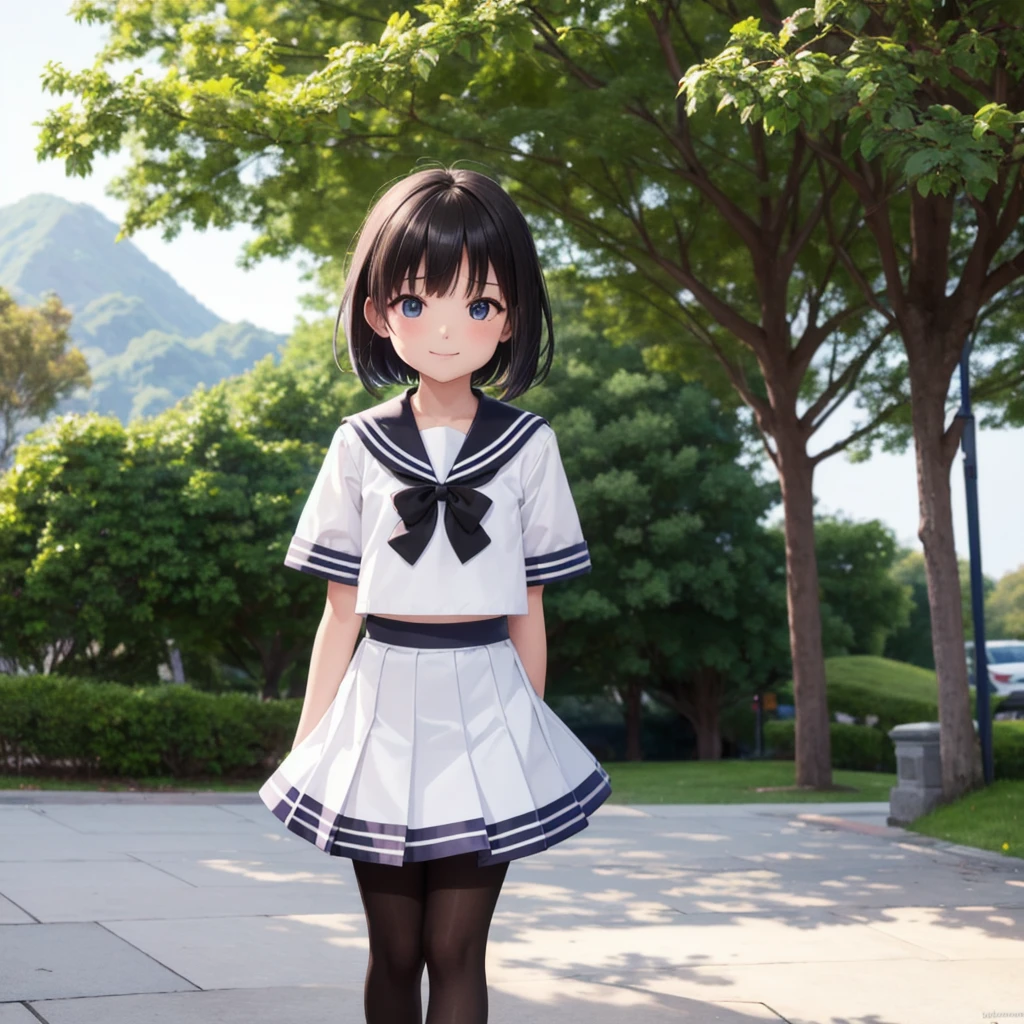 1People Girls, clear, cute, (View your viewers:1.0), detaileds sky, ((masterpiece:1.4, Highest quality)), multiple detaileds, eye shadow, SFW, (Medium Shot:1.5), Gradient eyes,
roller:addition_detailed:0.8>, (Black Pantyhose:1.2), Straight,
1People Girls, Have, Sailor, Branch Eyes, short hair, Black Hair, Sailor collar, White shirt, Semi-transparent knee-length skirt,Long skirt below knee length, Murasa Minamitsu, hishaku、smile