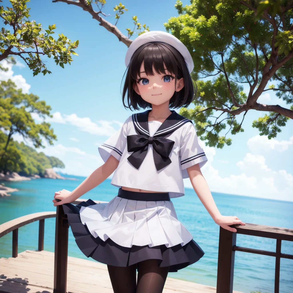 1People Girls, clear, cute, (View your viewers:1.0), detaileds sky, ((masterpiece:1.4, Highest quality)), multiple detaileds, eye shadow, SFW, (Medium Shot:1.5), Gradient eyes,
roller:addition_detailed:0.8>, (Black Pantyhose:1.2), Straight,
1People Girls, Have, Sailor, Branch Eyes, short hair, Black Hair, Sailor collar, White shirt, Semi-transparent knee-length skirt,Long skirt below knee length, Murasa Minamitsu, hishaku、smile