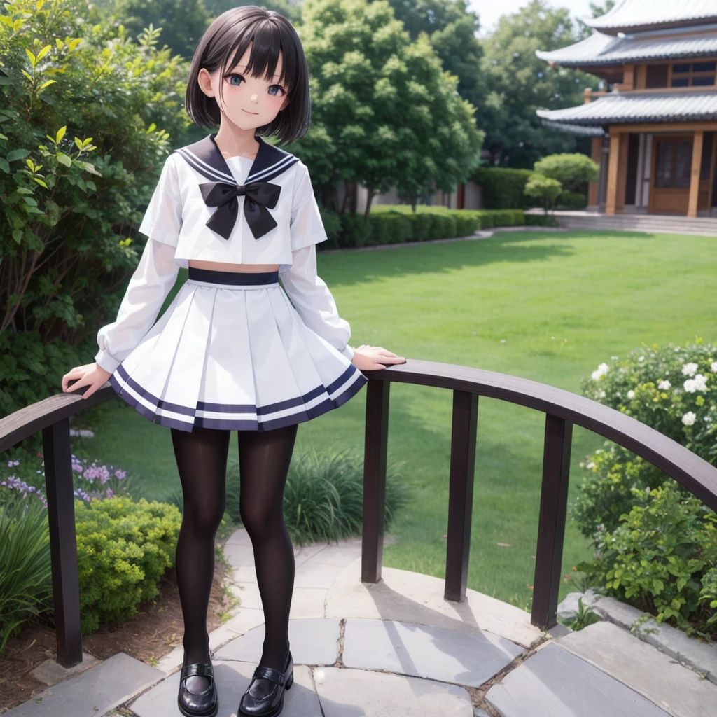 1People Girls, clear, cute, (View your viewers:1.0), detaileds sky, ((masterpiece:1.4, Highest quality)), multiple detaileds, eye shadow, SFW, (Medium Shot:1.5), Gradient eyes,
roller:addition_detailed:0.8>, (Black Pantyhose:1.2), Straight,
1People Girls, Have, Sailor, Branch Eyes, short hair, Black Hair, Sailor collar, White shirt, Semi-transparent knee-length skirt,Long skirt below knee length, Murasa Minamitsu, hishaku、smile