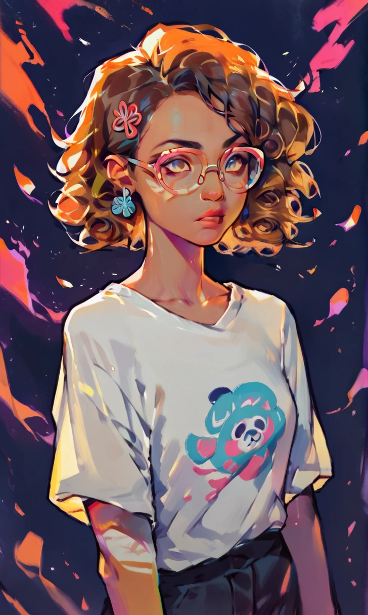 (score_9, score_8_up), score_7_up, score_6_up, score_5_up, score_4_up, 1girl, rim lights, brown skin, curly hair, short hair, hair pin, dark background, vibrant, high contrast, painterly, traditional oil paint, white t-shirt with panda face design on it, black shorts, glasses,
