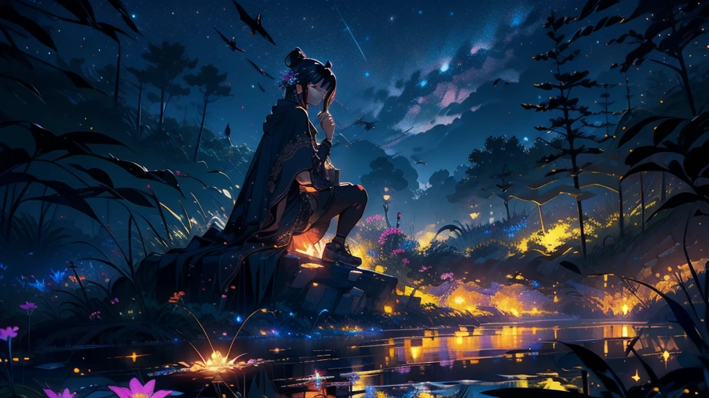 Master Parts, nice, landscape, (((no_Humanos))), night, flower, garden, Starry Sky, constellation, amazing, Overlooking, water, warm, comfortable, peaceful, meteor, Cosmic, magic, magic, details, fair, ((fire Fly))