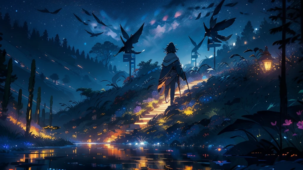 Master Parts, nice, landscape, (((no_Humanos))), night, flower, garden, Starry Sky, constellation, amazing, Overlooking, water, warm, comfortable, peaceful, meteor, Cosmic, magic, magic, details, fair, ((fire Fly))