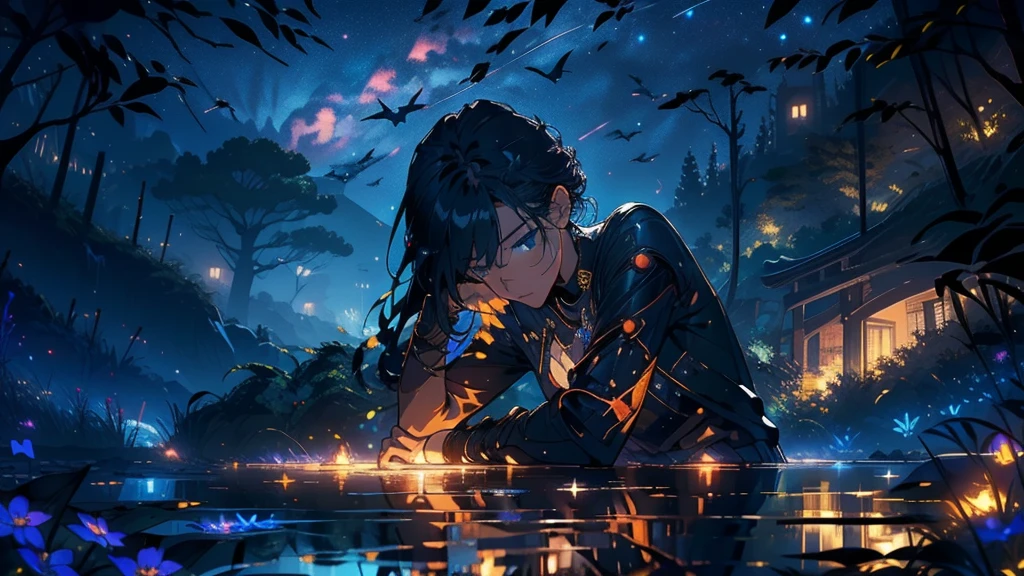 Master Parts, nice, landscape, (((no_Humanos))), night, flower, garden, Starry Sky, constellation, amazing, Overlooking, water, warm, comfortable, peaceful, meteor, Cosmic, magic, magic, details, fair, ((fire Fly))