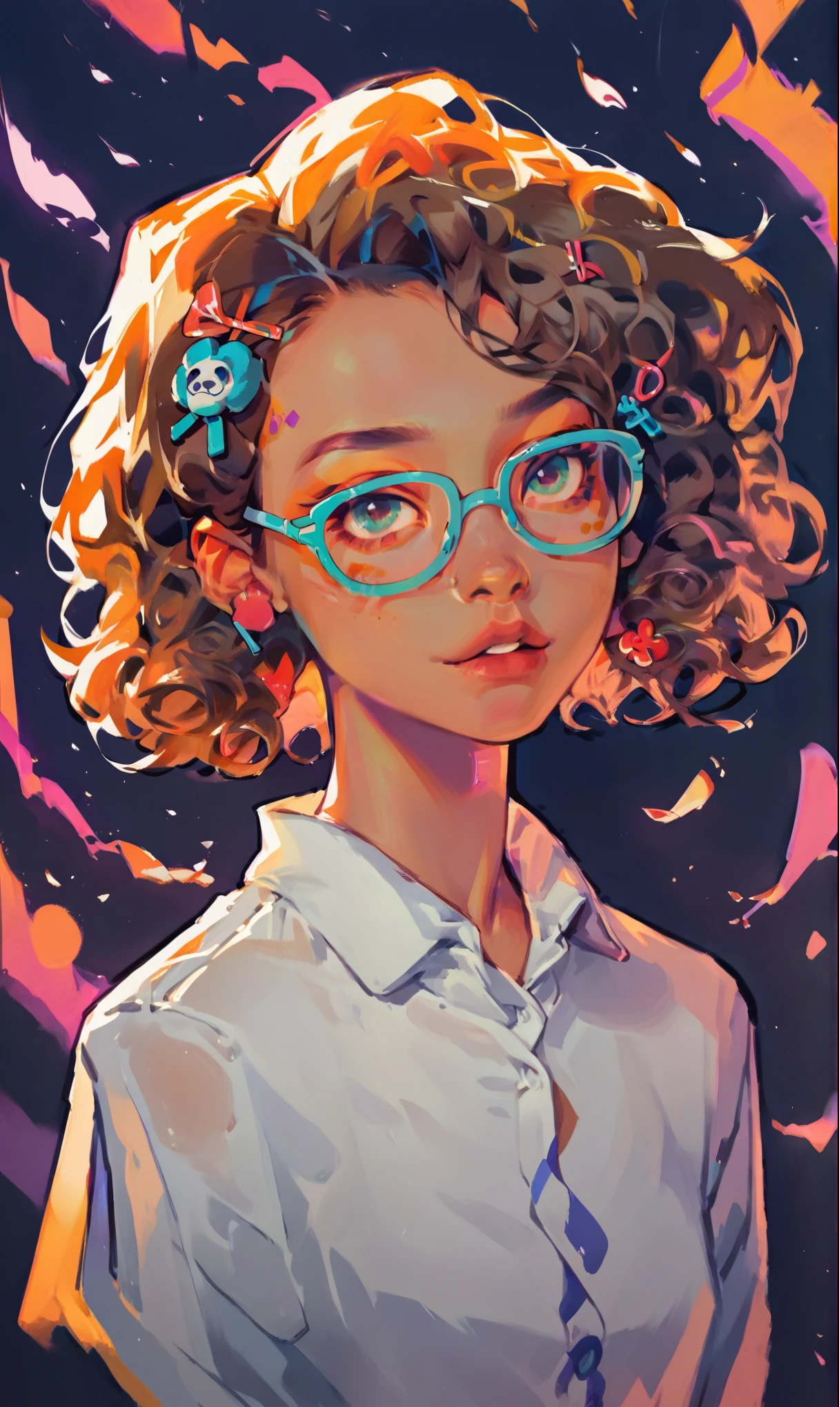 (score_9, score_8_up), score_7_up, score_6_up, score_5_up, score_4_up, 1girl, rim lights, brown skin, curly hair, short hair, hair pin, dark background, vibrant, high contrast, painterly, traditional oil paint, white shirt with panda face design on it, black shorts, glasses,