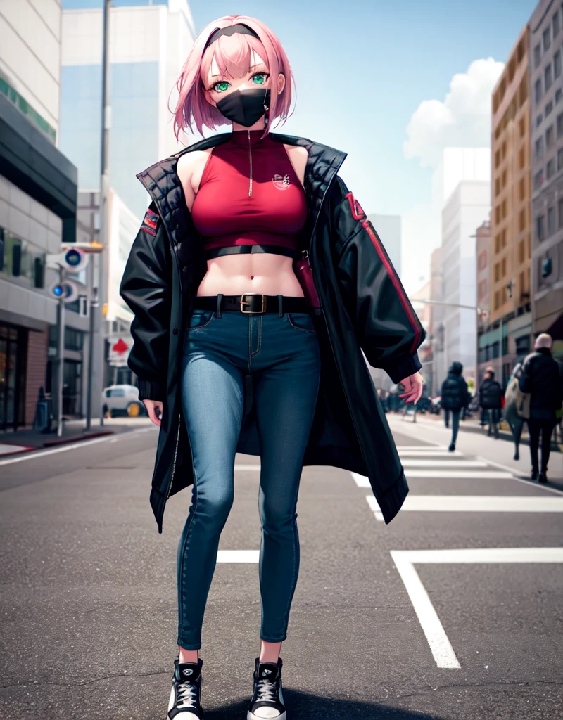 ((best quality)), ((masterpiece)), Hair: Short, pink hair cut in a bob style.
Eyes: Green eyes, often determined and focused.
Forehead Protector: Wears her Konoha forehead protector on her head.
Gloves: Black fingerless gloves.
Outfit:
Top: A fashionable, sleeveless red crop top with a minimalist design, featuring a small Haruno clan symbol (a white circle) subtly embroidered on the back.
Jacket: A stylish, lightweight bomber jacket in green, reminiscent of her original haori, left unzipped.
Bottoms: High-waisted, dark blue skinny jeans that offer a sleek and modern look.
Footwear: Trendy, black high-top sneakers with red accents.
Accessories: A black leather belt with a small, practical medical pouch attached. Modern black fingerless gloves.
Forehead Protector: Her Konoha forehead protector worn as a fashionable headband.
Setting: A modern urban environment, perhaps on a city street or in front of a sleek, contemporary building, reflecting her strong and independent character."