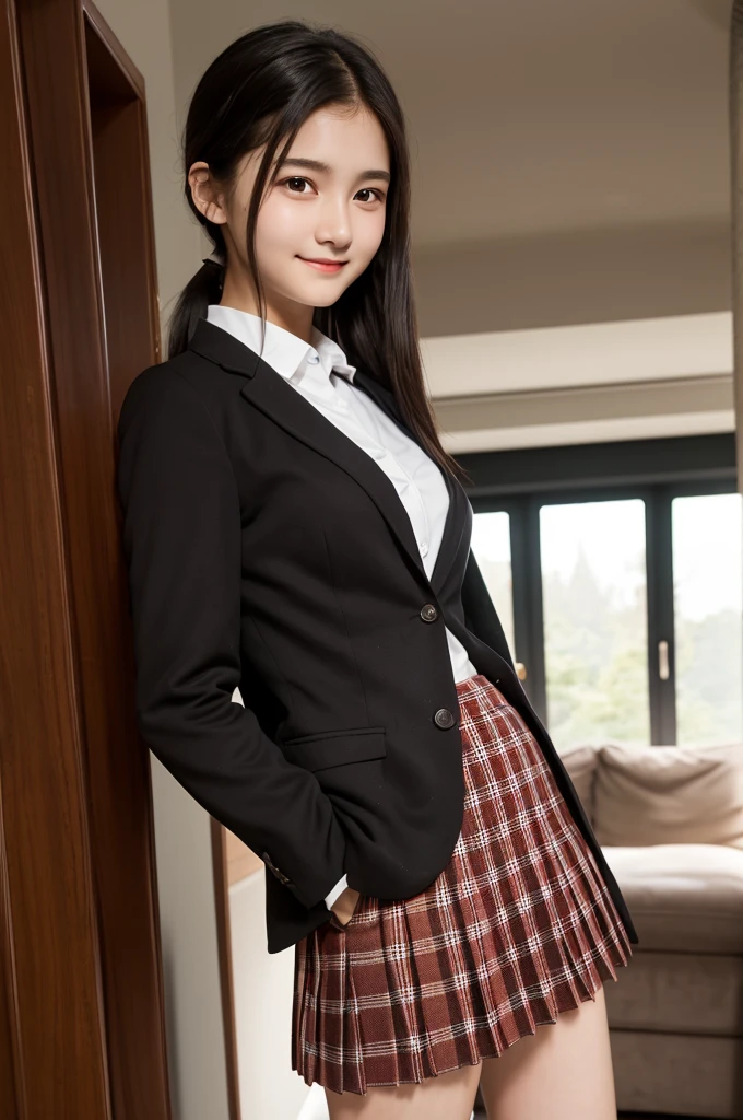 Brown blazer,Red Check Pleated Skirt,,high school girl,Black Hair,Straight Hair,ponytail,Dark Eyes,Small Face,Clean eyes,Small Mouth,slender,Young face,Lori,Small breasts,living room,Standing posture,live-action,Realistic photos,8K,Smile,Ultra HD,