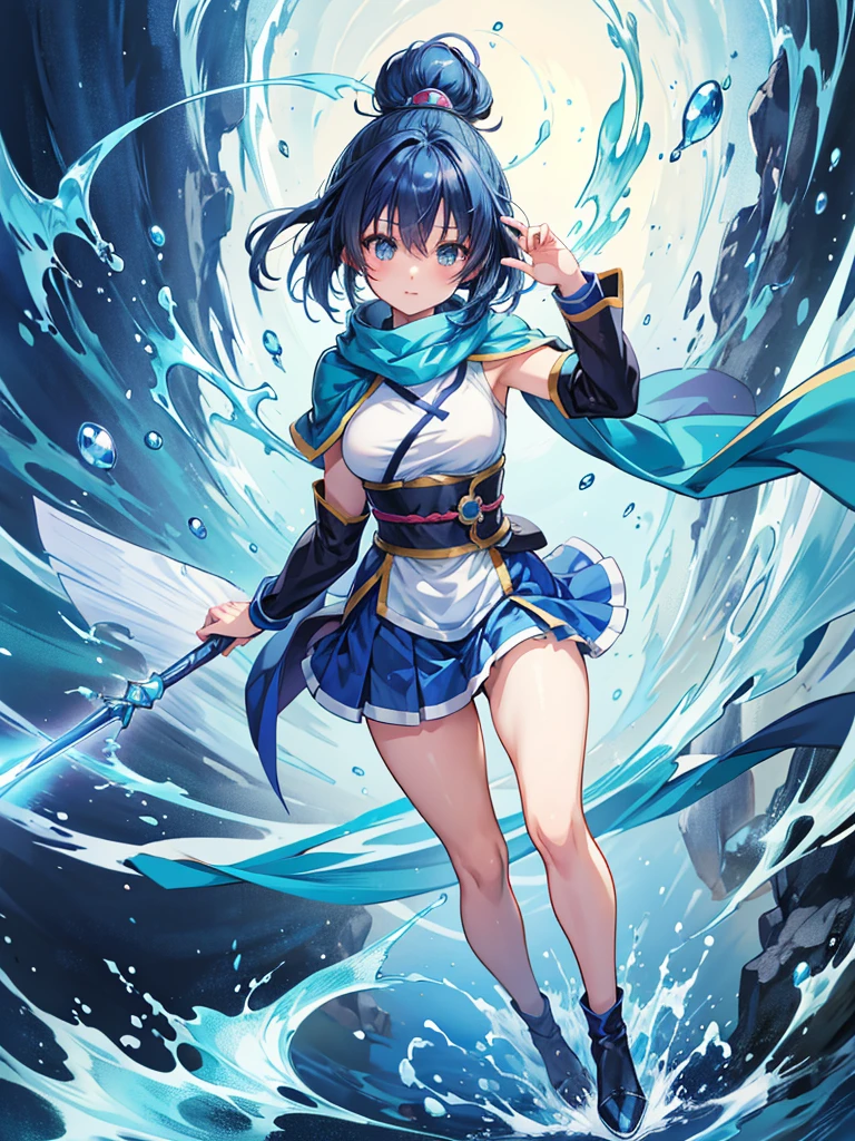 anime girl with blue hair and a blue cape and a blue scarf, an anime drawing inspired by Leng Mei, pixiv, shin hanga, black - haired mage, aqua from konosuba, anime moe artstyle, anime girl named lucy, tsuaii, female action anime girl, full body xianxia, rei hiroe