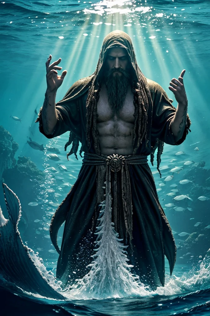 Lier, who is known as disciple of the drowned, is the leader of a cult who worship a god beneath the seas. He preaches that the surface world is plagued by monsters, which is evidence that it must be swept clean by the ocean god. Show a depiction of him performing a ritual to bring the seas up and wash the world clean.