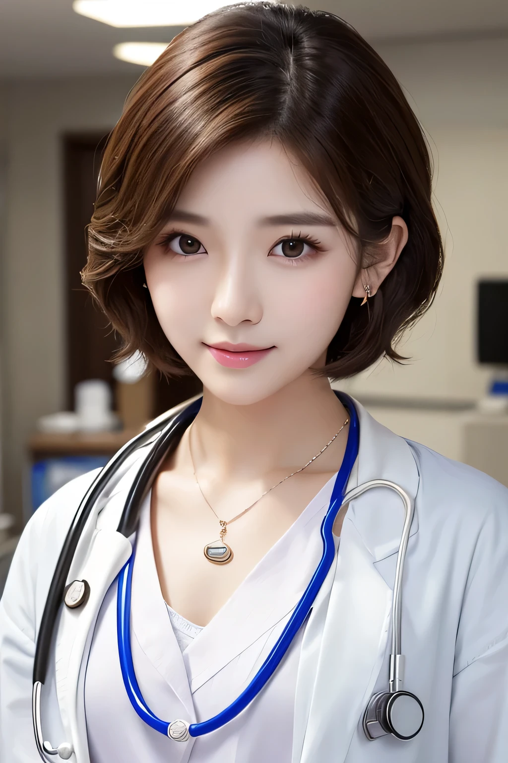 Beautiful young woman、 Korean women、Light brown hair、Necklace around the neck、White、Doctor's clothing、Stethoscope、White mask on the mouth、Wavy Hair、short hair、Intricate details, Very detailed:1.2), 、 Looking into the camera,The background is the inspection room..、ear piercing