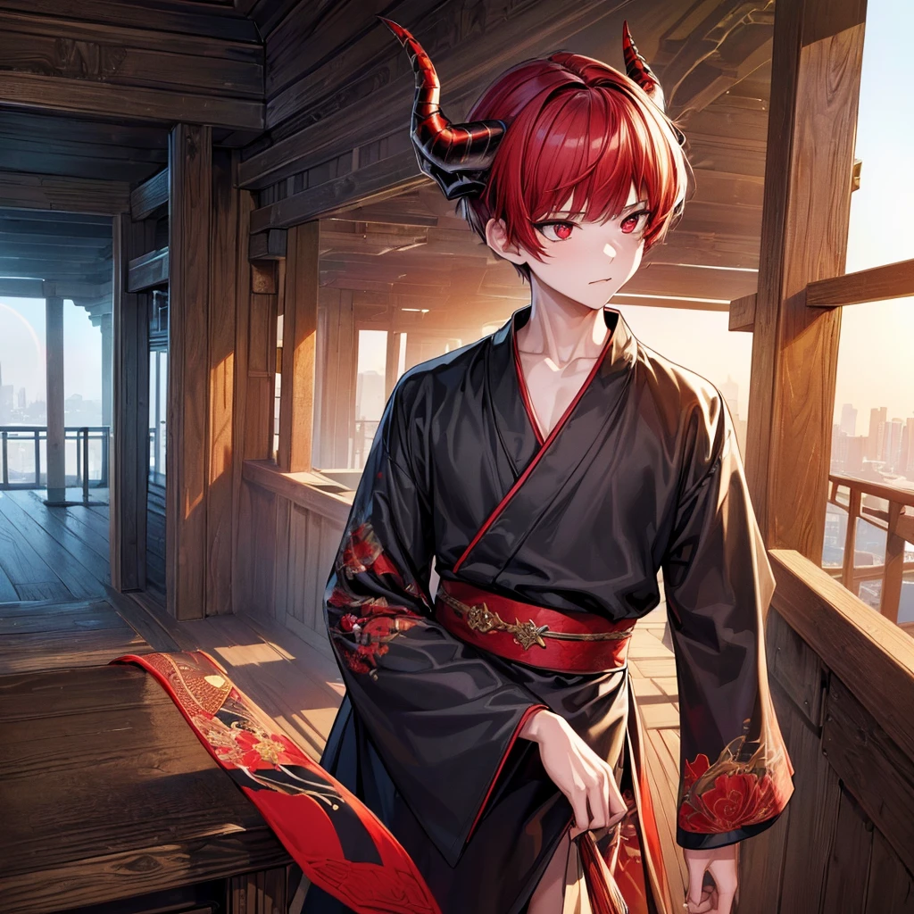 (masterpiece, top quality, best quality, official art, aesthetic:1.2), (1boy), boy, extremely detailed,(fractal art:1.2), highest detailed, wallpaper, ((predator pupils,red eyes)), short comma haircut, red hair, (black horns, horns towards the bangs), yukata outfit, (cowboy shot), in rooftop school, looking out