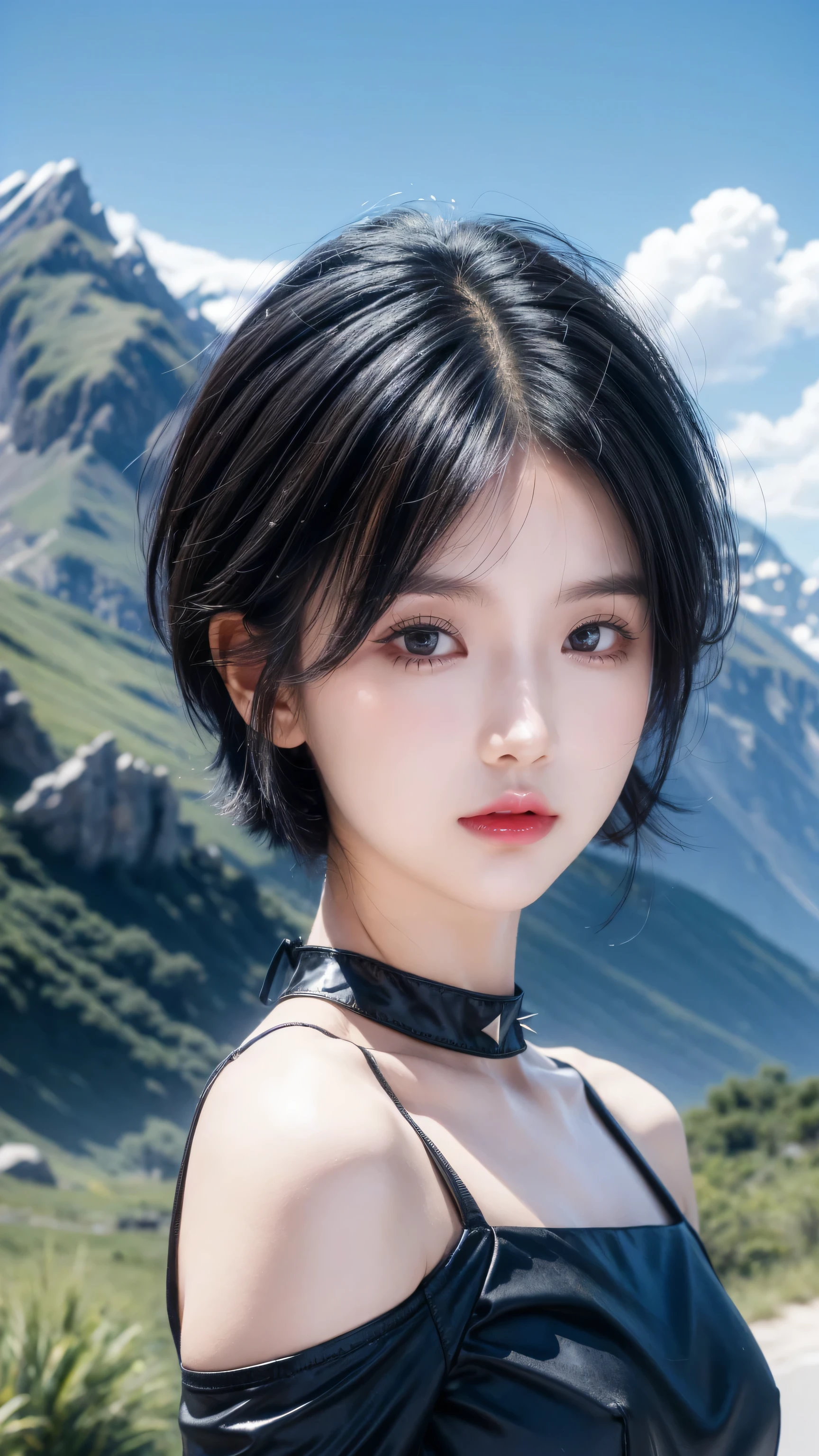 best quality, 1 Girl, dark blue hair, black eyes, Very short hair, Spiky hair, wears sweet brow dress luxury,A cropped dress, 171 cm, Messy hair, Hair between the eyes, Tomboy, aldult, 20 years old, A sweet girl by the mountain