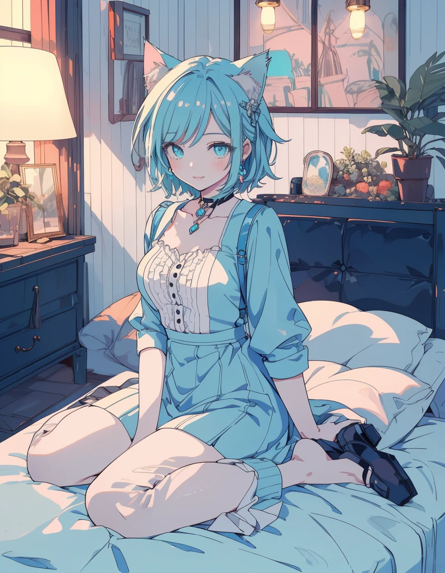 smile, wariza, casual, fullbody, ((masterpiece, best quality:1.5)), ((Beautiful detailed cat aqua eyes:1.2)), cat ears, pale skin, medium breasts, beautiful hands, beautiful fingers, EasyNegative